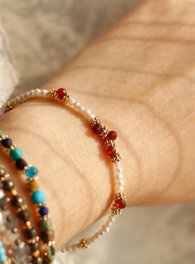 1/6一六月诞生辰石天然珍珠石榴石14k包金设计感原创新年红手链女