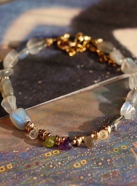 ETunique月光石6六月诞生石黄紫水晶橄榄石注金情绪设计原创手链