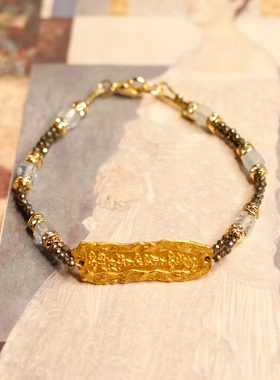 莲花生大士财神三月生辰石海蓝宝切面闪耀黄铁矿14k包金原创手链