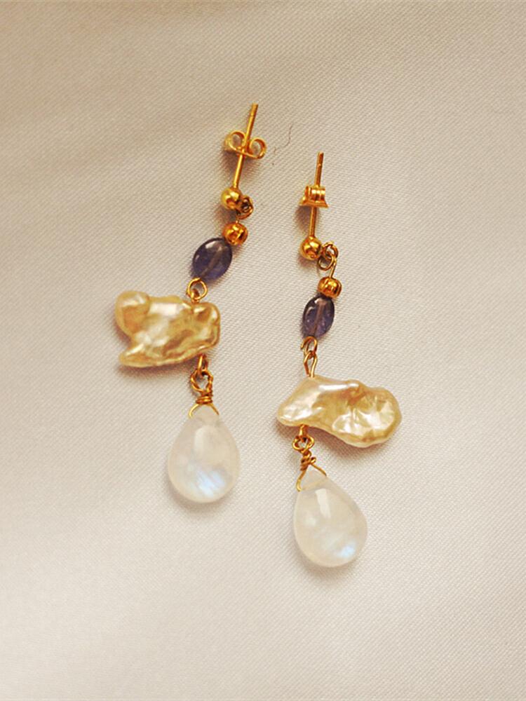 原创设计天然6月光石诞生辰石巴洛克珍珠14k注包金agete耳环耳夹 - 图2
