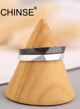 日韩风切面黑金色学生情侣戒指