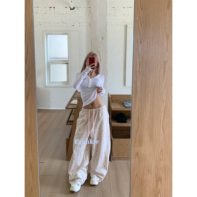 NECOYEP American lazy style floral all-over printed wide-leg pants for men and women high-waisted loose straight ins casual pants