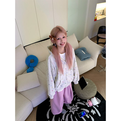 NECOYEP 美式慵懒风星星满印连帽开衫卫衣男女春秋简约休闲外套 - 图1