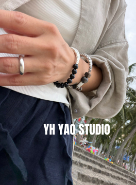酷感风黑色珠子手链男女小众设计金属拼接百搭高级感