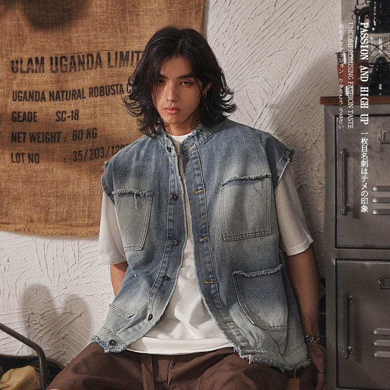 日系复古小众毛边设计感工装马甲男潮牌高街痞帅做旧叠穿牛仔外套,淘宝优惠券,粉丝福利购,淘宝优惠卷