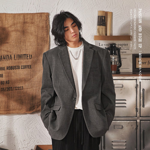 春季休闲西装外套男2024年春秋新款高级感便西服日系复古宽松外套-图2