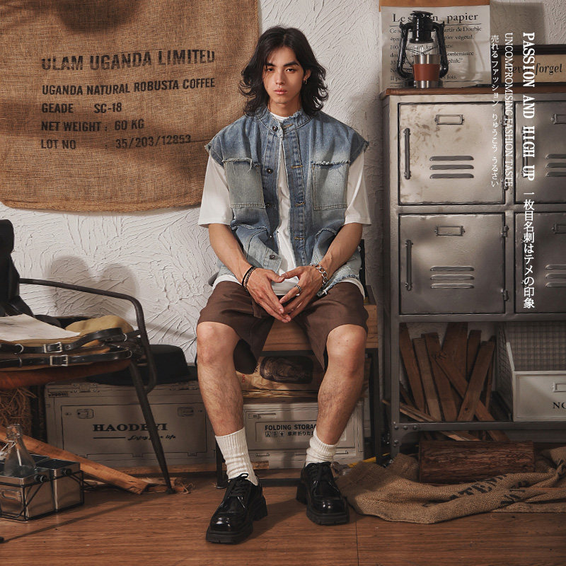 日系复古小众毛边设计感工装马甲男潮牌高街痞帅做旧叠穿牛仔外套,淘宝优惠券,粉丝福利购,淘宝优惠卷