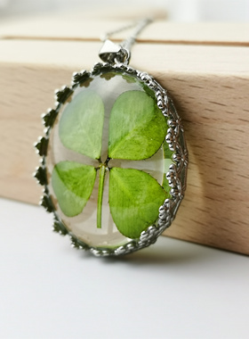 原创女纯银天然真四叶草植物标本