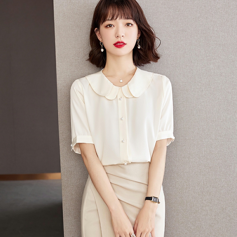 春夏时尚气质短袖雪纺衬衫裁剪纸样女娃娃领上衣减龄洋气小衫图纸 - 图1