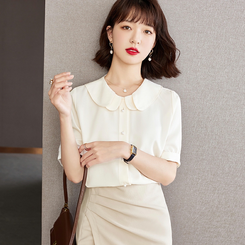 春夏时尚气质短袖雪纺衬衫裁剪纸样女娃娃领上衣减龄洋气小衫图纸 - 图0