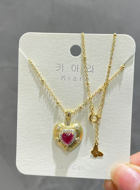 琪娅拉s925通体纯银复古立体爱心镶钻锆石布契拉丝项链~长越46cm