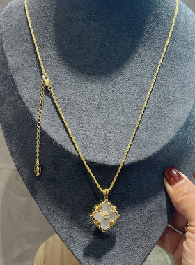 主播自留~欧比雅比中古金麻花链复古贝母幸运草合金毛衣链项链