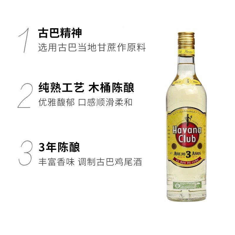 正品洋酒 哈瓦那3年陈酿朗姆酒 Havana Club 3y 哈瓦纳 700ml - 图2