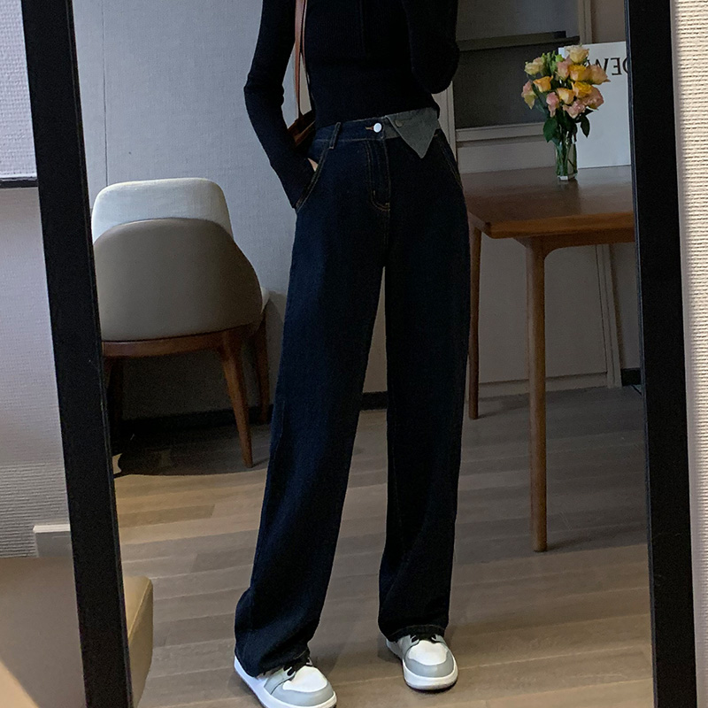 深蓝高腰阔腿牛仔裤女2024年夏季新款直筒宽松垂感拖地设计感裤子