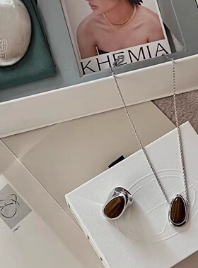 设计师品牌KHEMIA新款长款纯银立体水滴形木石纹拼接项链毛衣链