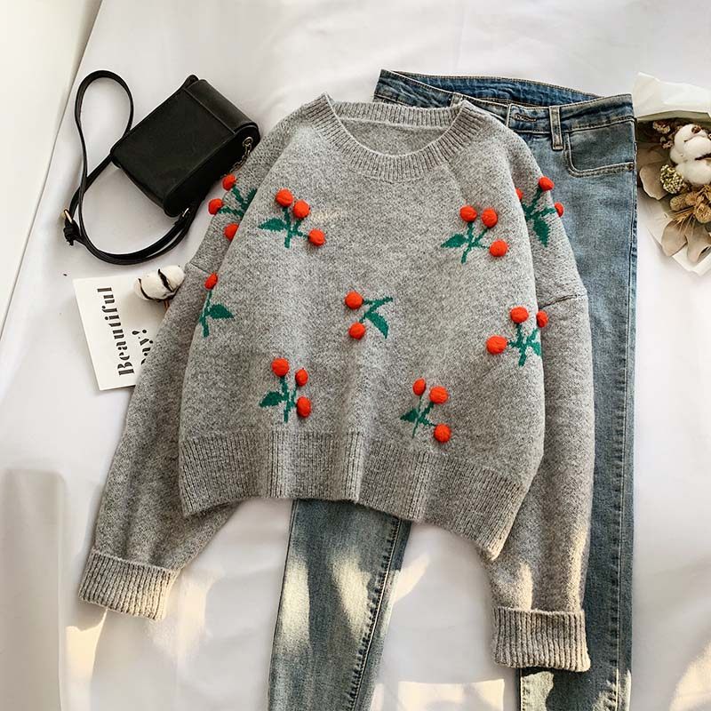 短款车厘子红色秋冬韩版宽松毛衣 柏妮恩毛衣