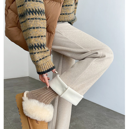 Autumn and winter style plush thickened herringbone wool wide-leg pants