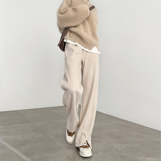 人字纹加绒阔腿裤女秋冬2025新款毛呢开叉裤子直筒羊毛窄版香蕉裤
