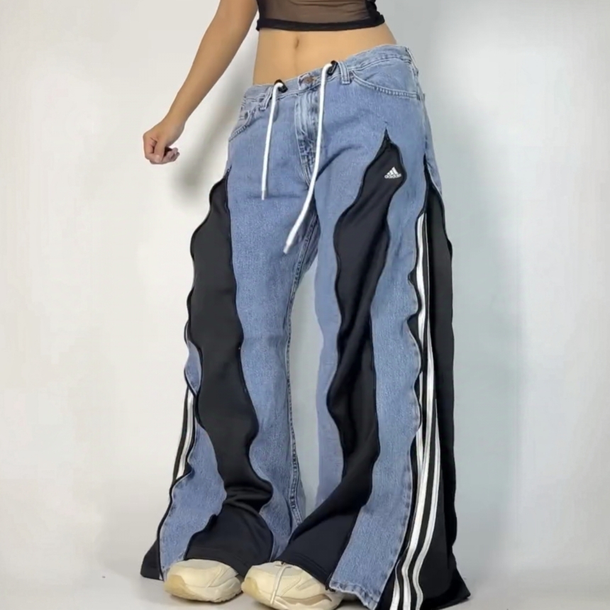 牛仔裤运动裤拼接重构古着remake解构现货正品孤品个性vintage - 图1