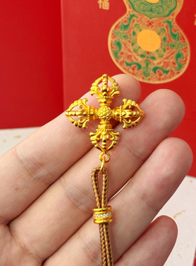 点钻十字金刚杵吊坠镶钻沙金项链