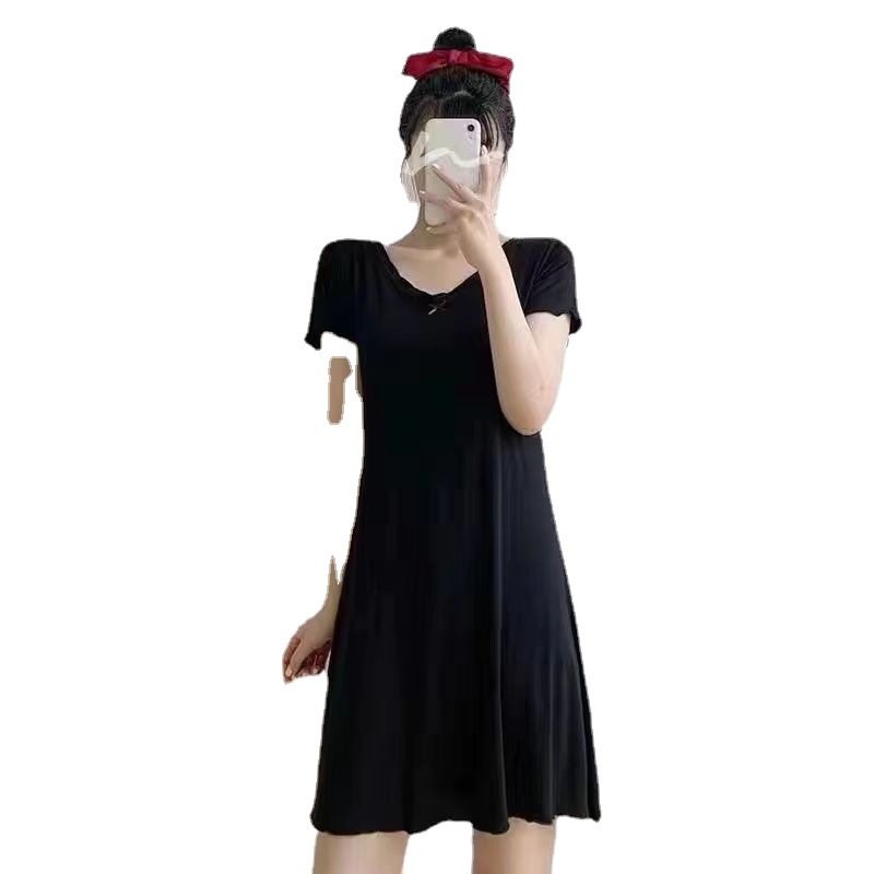 自带胸垫V领木耳边2023睡裙短袖睡衣女士夏季纯色大码性感家居服,淘宝优惠券,粉丝福利购,淘宝优惠卷