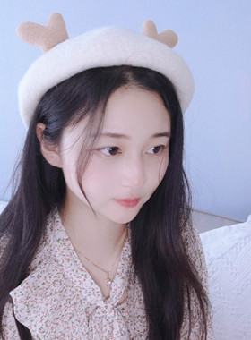 可爱森系春秋冬纯羊毛圣诞贝雷帽