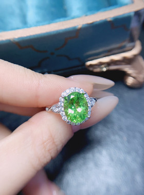 天然橄榄石戒指女S925纯银时尚个性清新黄绿宝石指环开口饰品日韩