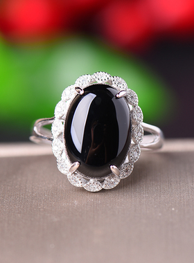 天然黑色玛瑙宝石戒指女款S925纯银气质个性冷淡风活口可调节指环