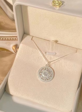 s925纯银八宝罗盘吊坠挂坠项链配饰女夏天古法镂空镶钻莲花锁骨链