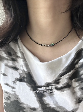 Yelu原创小众设计感天然黑尖晶串珠细项链女复古鲍鱼贝百搭锁骨链