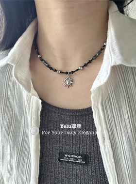 Yelu原创天然黑玛瑙太阳吊坠串珠项链男女复古小众设计感锁骨链