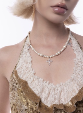 CIYAVENI原创设计中世纪复古镶钻珍珠十字架辣妹锁骨链简约项链