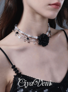 CIYAVENI复古黑玫瑰珍珠锁骨链