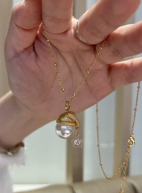 法式浪漫拉丝珍珠圣诞帽星星项链