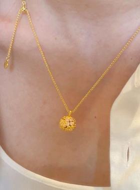 新中式复古拉丝镶钻绣花球项链