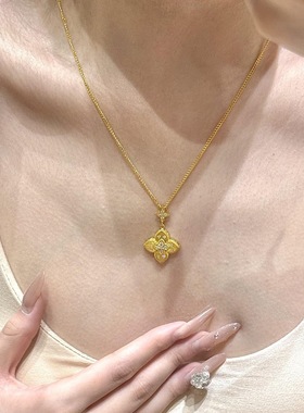 法式中古轻奢拉丝镶钻四叶草项链