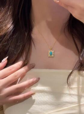 法式蔚蓝深海方牌欧泊镶钻项链