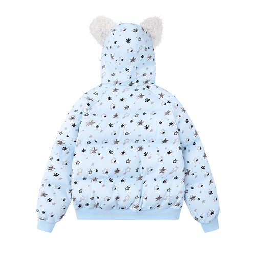 文文不乖原创卡通星星满印可爱耳朵毛领连帽棉服女秋冬保暖面包服 - 图1