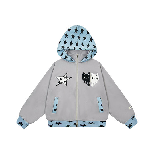文文不乖原创美式星星猫咪刺绣设计感连帽卫衣女秋冬宽松开衫外套