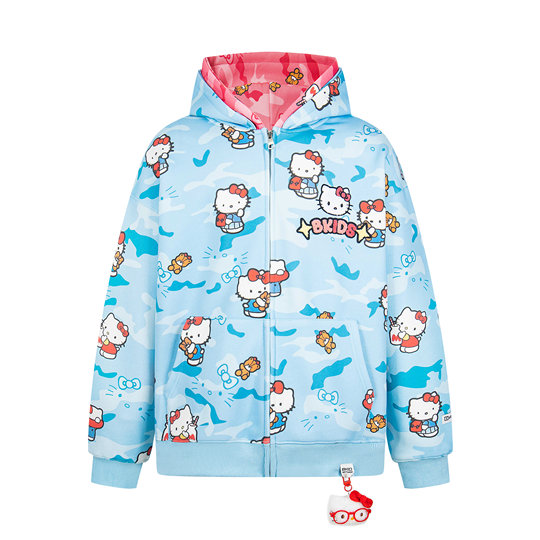 Wen Wen Bu Guai original design contrasting color national trend loose double hood Hello Kitty full print camouflage hooded zipper jacket