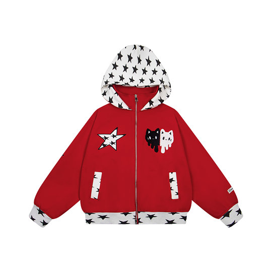 文文不乖原创美式星星猫咪刺绣设计感连帽卫衣女秋冬宽松开衫外套