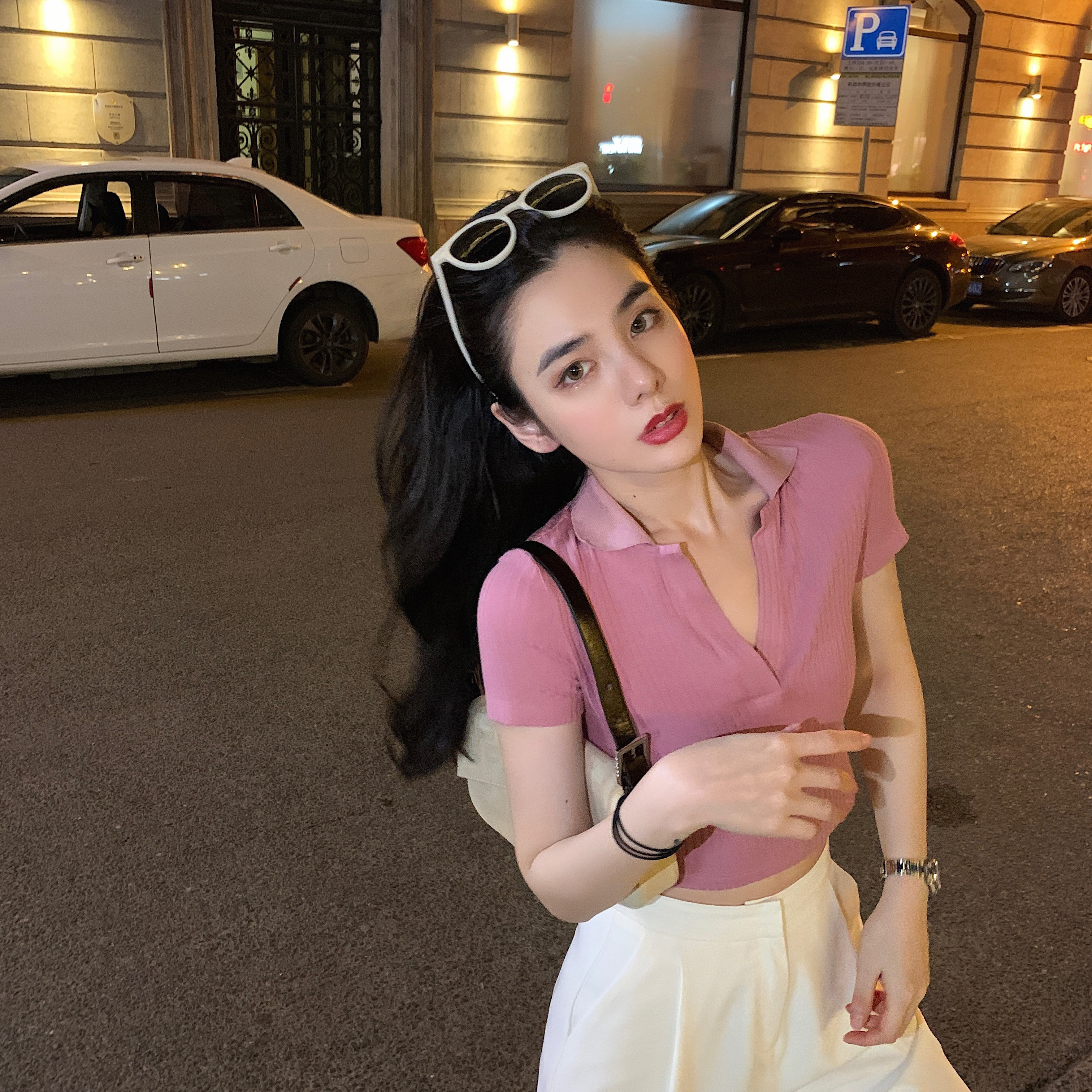 邱肉瑶SIXONE六一邱肉瑶SIXONE六一夏季纯色ins修身短款polo衫短袖t恤女年新款1