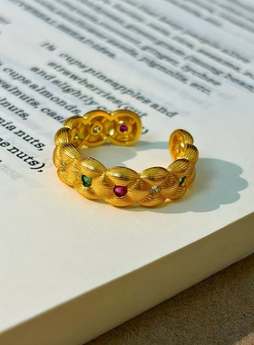 法式复古时髦宝拉丝菱格戒指 轻奢老钱风食指戒指