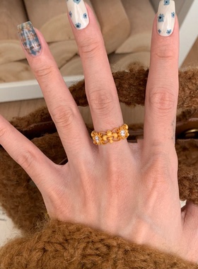 拉丝镶钻鸢尾花开口戒指精致送女朋友