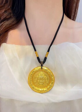 3.9厘米宽 大号麒麟黄财神吊坠项链錾刻祥云圆牌挂坠复古送女友