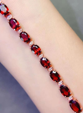 天然石榴石手链女款925银镀18K玫瑰金镶嵌红宝石时尚简约送女友