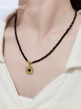 虎眼石黑色玻璃串珠项链吊坠
