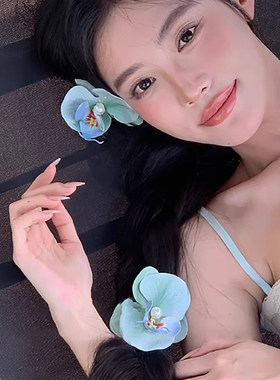春夏海边绿色薄荷蝴蝶兰花朵发夹