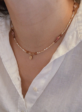 天然石串珠粉色爱心锁骨链