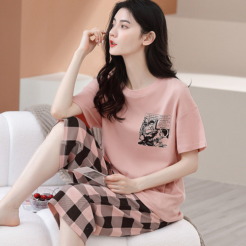 100%纯棉睡衣女夏季薄款短袖七分裤可外穿韩版休闲宽松家居服套装 - 图1